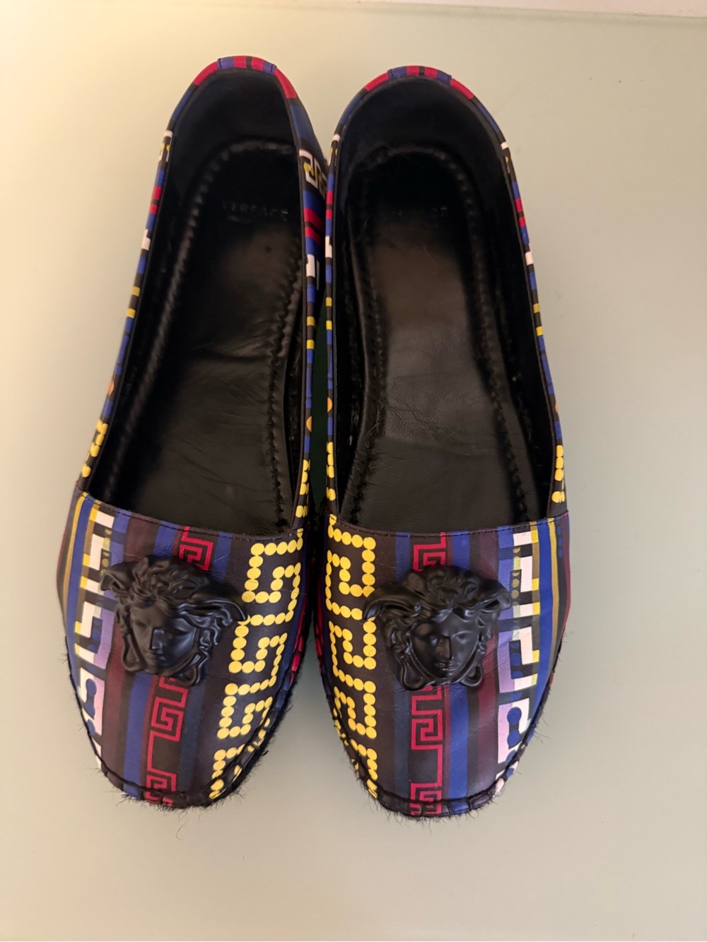 Versace Multicolor Striped Greek Key Medusa Flats